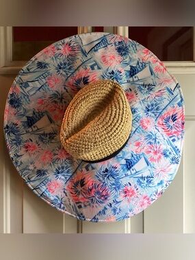Lilly Pulitzer Natural Straw Sun Hat with Blue and Pink Trim